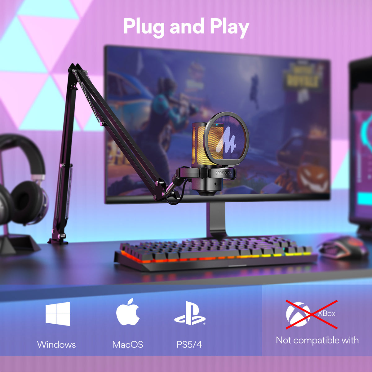 Maono DGM20G S GamerWave USB RGB Condenser Noise Canceling Microphone with Boom Arm