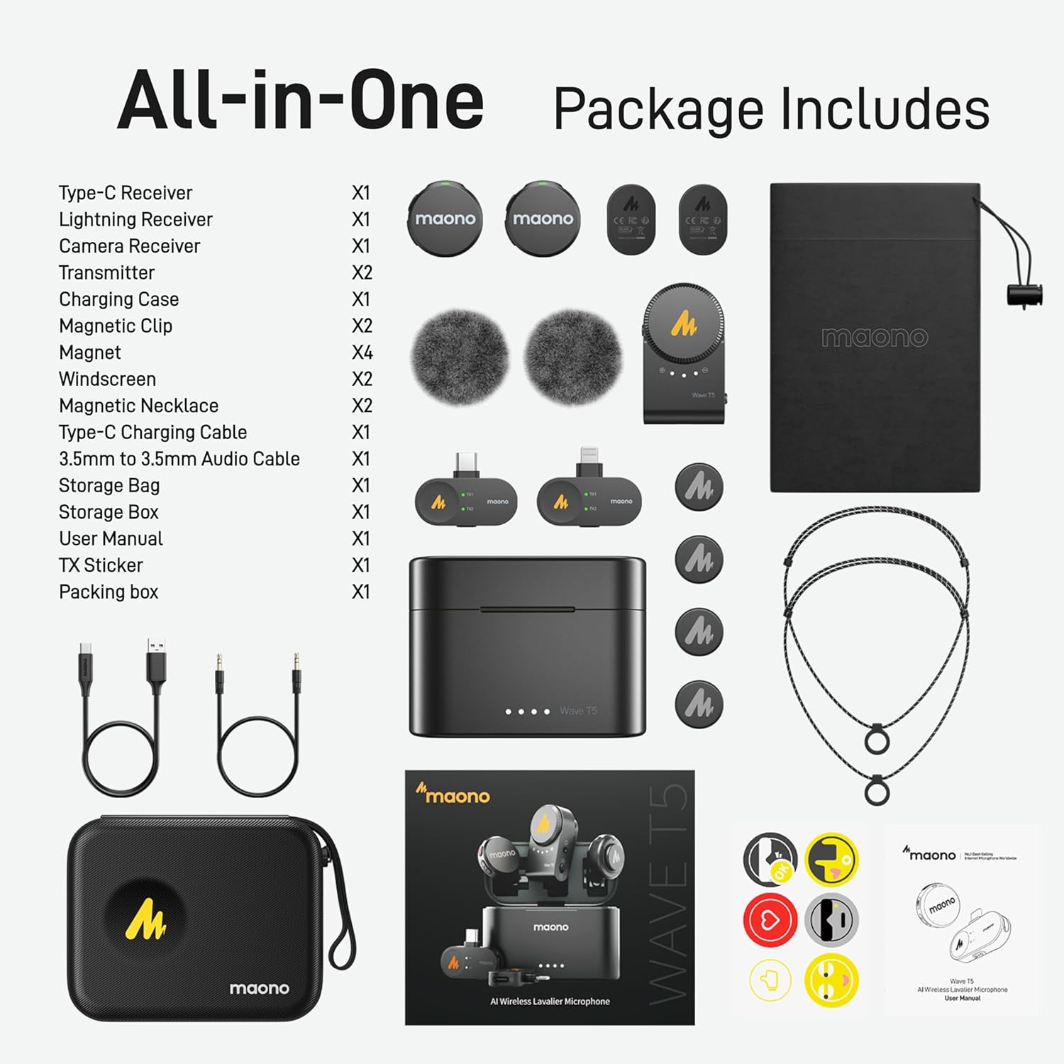 Maono Wave T5 WM650 PA3 AI Wireless Lavalier Microphone Combo Version for Camera / Lightning / Type-C