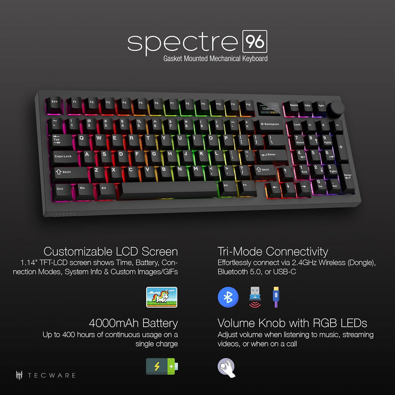 Tecware Spectre 96 RGB Tri-Mode 96-Key Gasket Mounted Mechanical Keyboard with Customizable LCD Display & Volume Knob (Black)