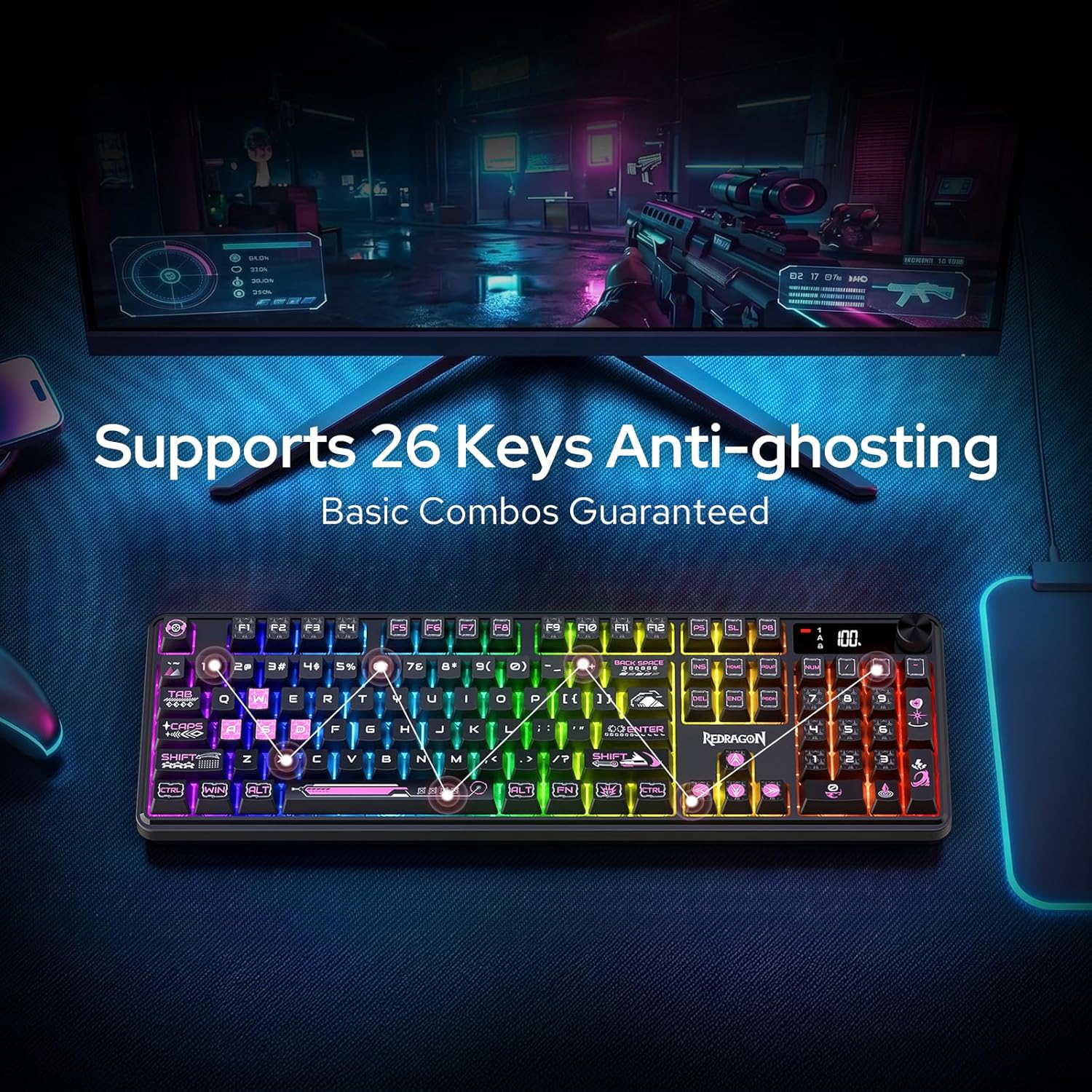 Redragon RM104 Pro Volcano Tri-Mode 104-Key Wireless RGB Membrane Mechanical Gaming Keyboard
