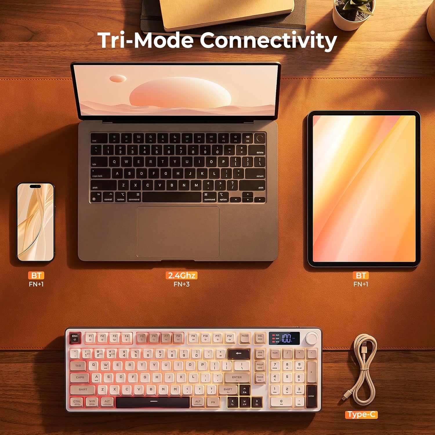 Redragon Aria Pro K527WGL Tri-Mode Ultra-Quiet Membrane RGB Keyboard with LCD Display & Knob Control