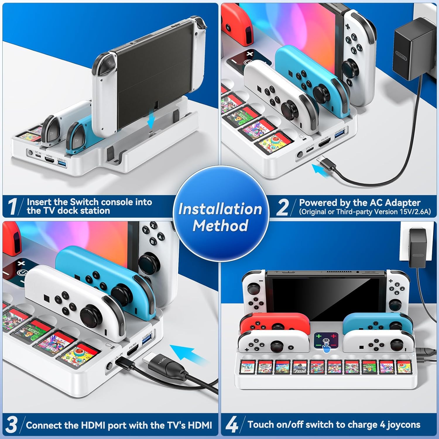 Kytok TV Dock Station with Controller Charger & Game Slots for Nintendo Switch / Nintendo Switch OLED (White) (KT-K804W)