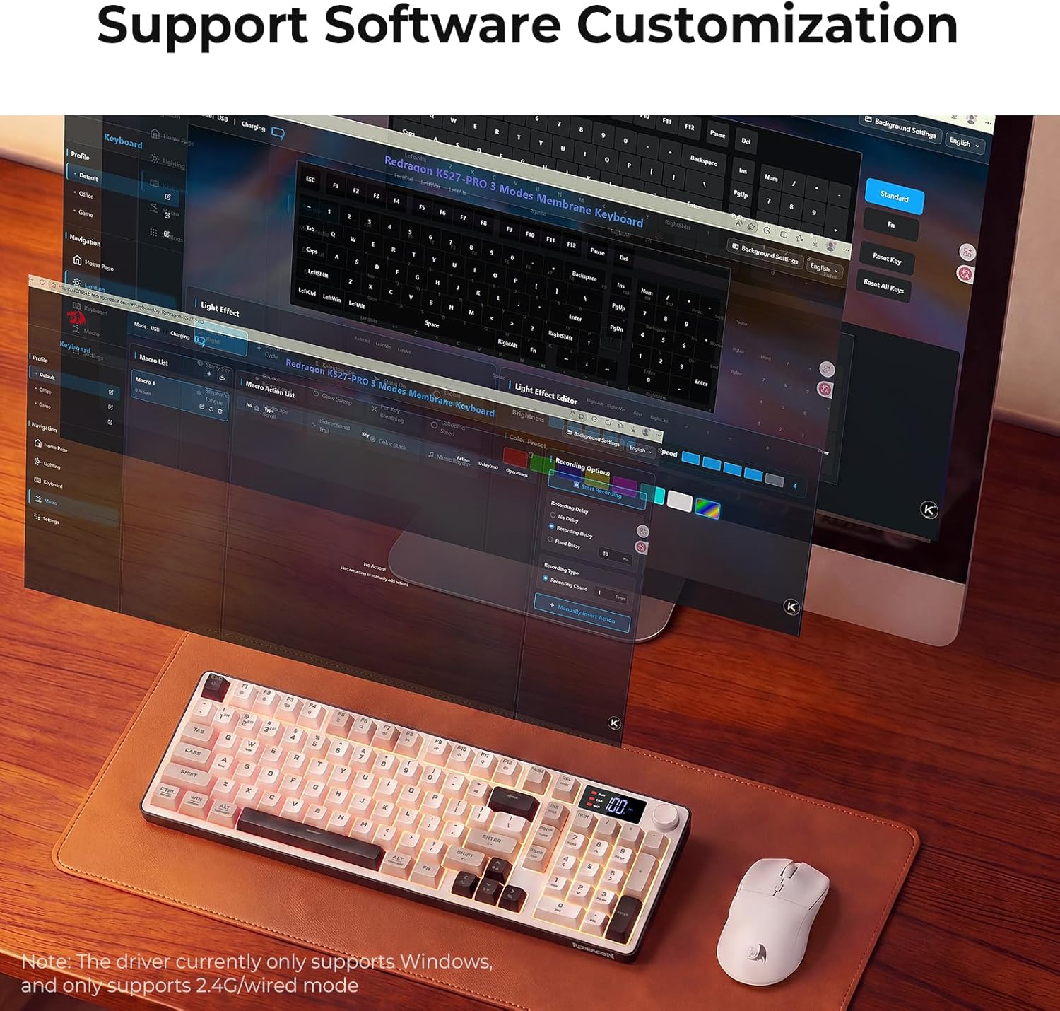 Redragon Aria Pro K527WGL Tri-Mode Ultra-Quiet Membrane RGB Keyboard with LCD Display & Knob Control