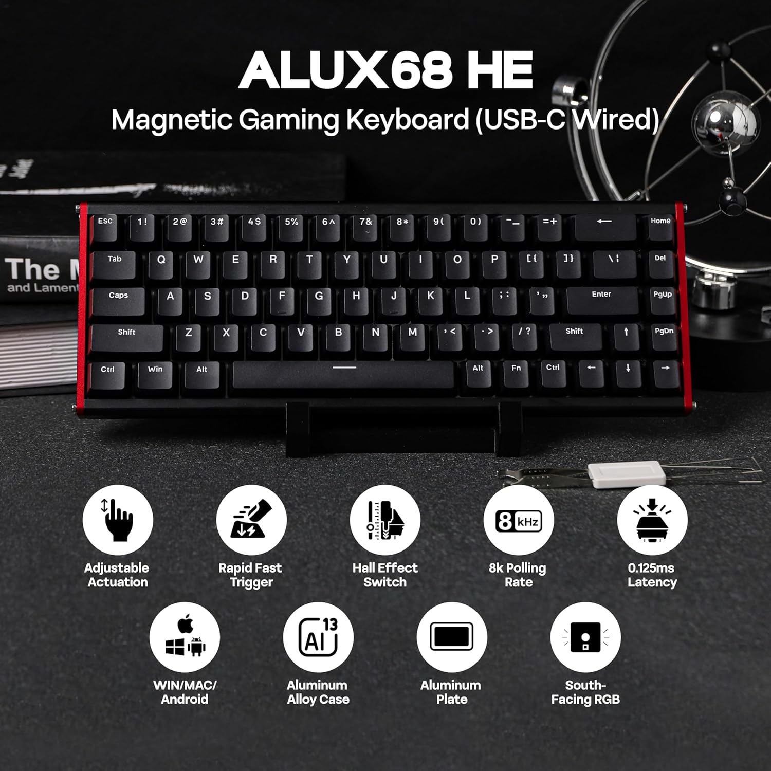 Ajazz ALUX68 Plus RGB Wired 68-Keys Aluminum CNC Case Hot-Swappable Mechanical Keyboard (Black)