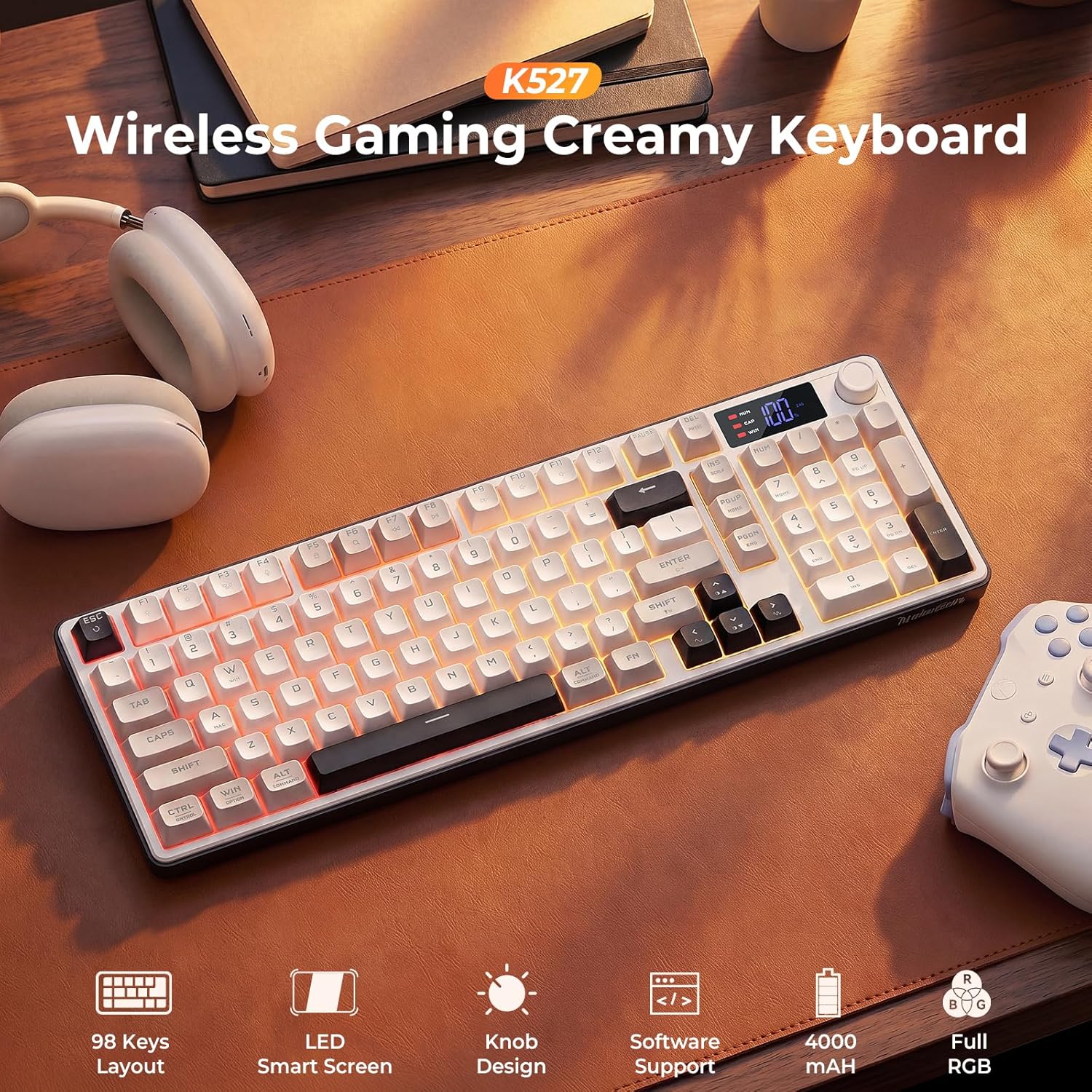 Redragon Aria Pro K527WGL Tri-Mode Ultra-Quiet Membrane RGB Keyboard with LCD Display & Knob Control