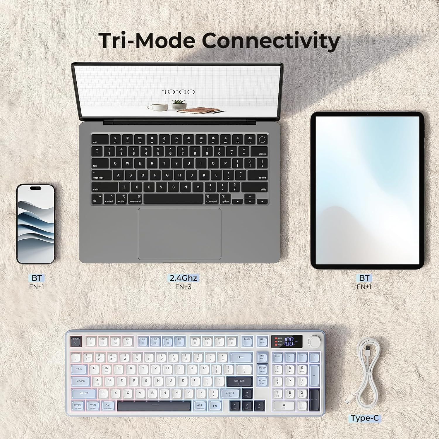 Redragon Aria Pro K527WBL Tri-Mode Ultra-Quiet Membrane RGB Keyboard with LCD Display & KnobControl
