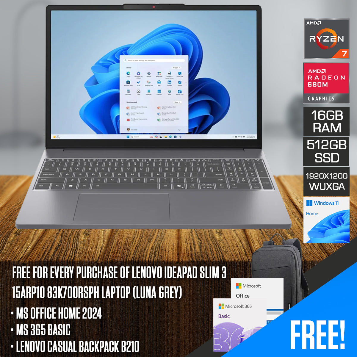 Lenovo IdeaPad Slim 3 15ARP10 83K700RSPH Laptop (Luna Grey) | DataBlitz