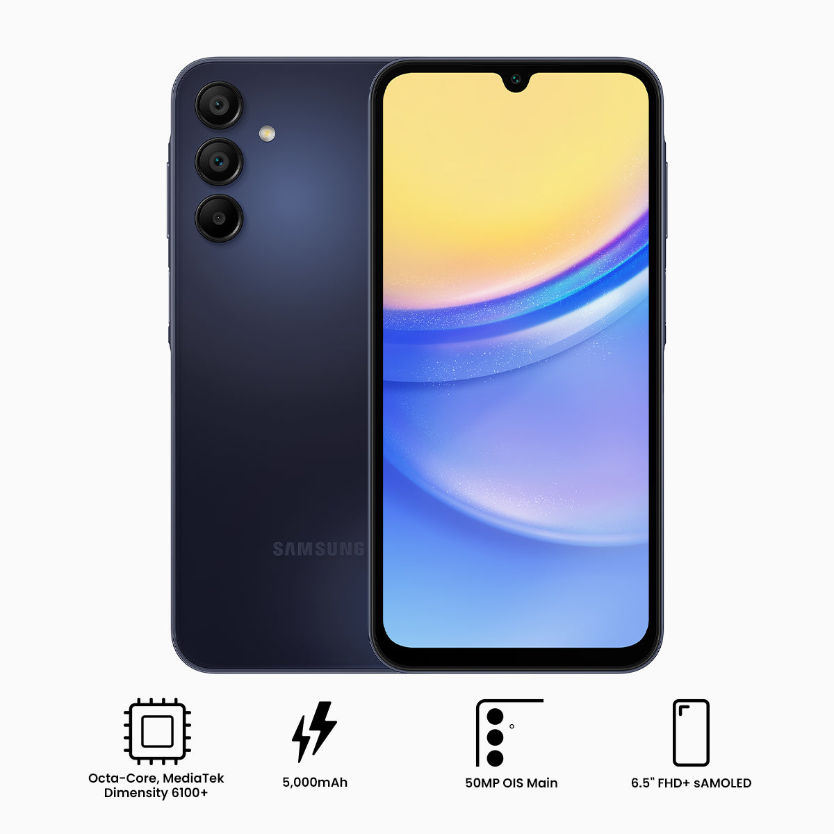 Samsung Galaxy A15 5G SM-A156E/DSN (Blue Black) | 256GB+8GB RAM | 5G/LTE + Wi-Fi | 6.5" FHD + Samoled Infinity-U (90Hz) | Android 14 | Octa-Core Mediatek Dimensity 6100+ (6nm) | 50MP + 13MP | 5000mAh