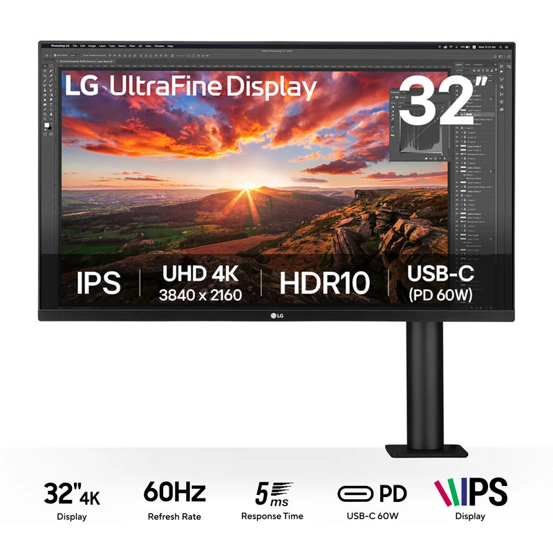 LG 32UN880K-B 31.5" 4K UHD (3840x2160) 60Hz 5ms GTG Ergo IPS USB-C Monitor With C-Clamp, Tilt, Height, Swivel, Pivot Adjustment