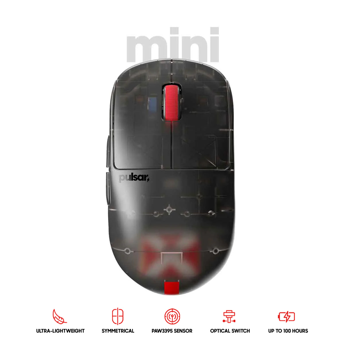 Pulsar X2H Mini Symmetrical Ultralight Wireless Gaming Mouse Clear Black Limited Ed. Size 1