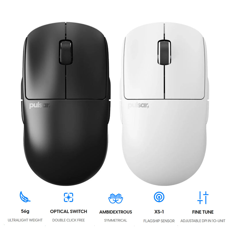 Pulsar X2A V3 Ultralight Weight Wireless Ambidextrous eSports Gaming Mouse Size 2 (Black, White) (PX2A321, PX2A322) 