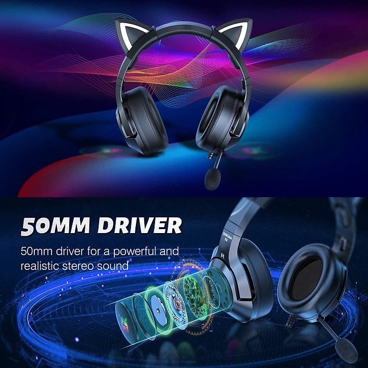 Onikuma K9 Cat Ears RGB Noise Cancelling Gaming Headset With Microphone (Black)