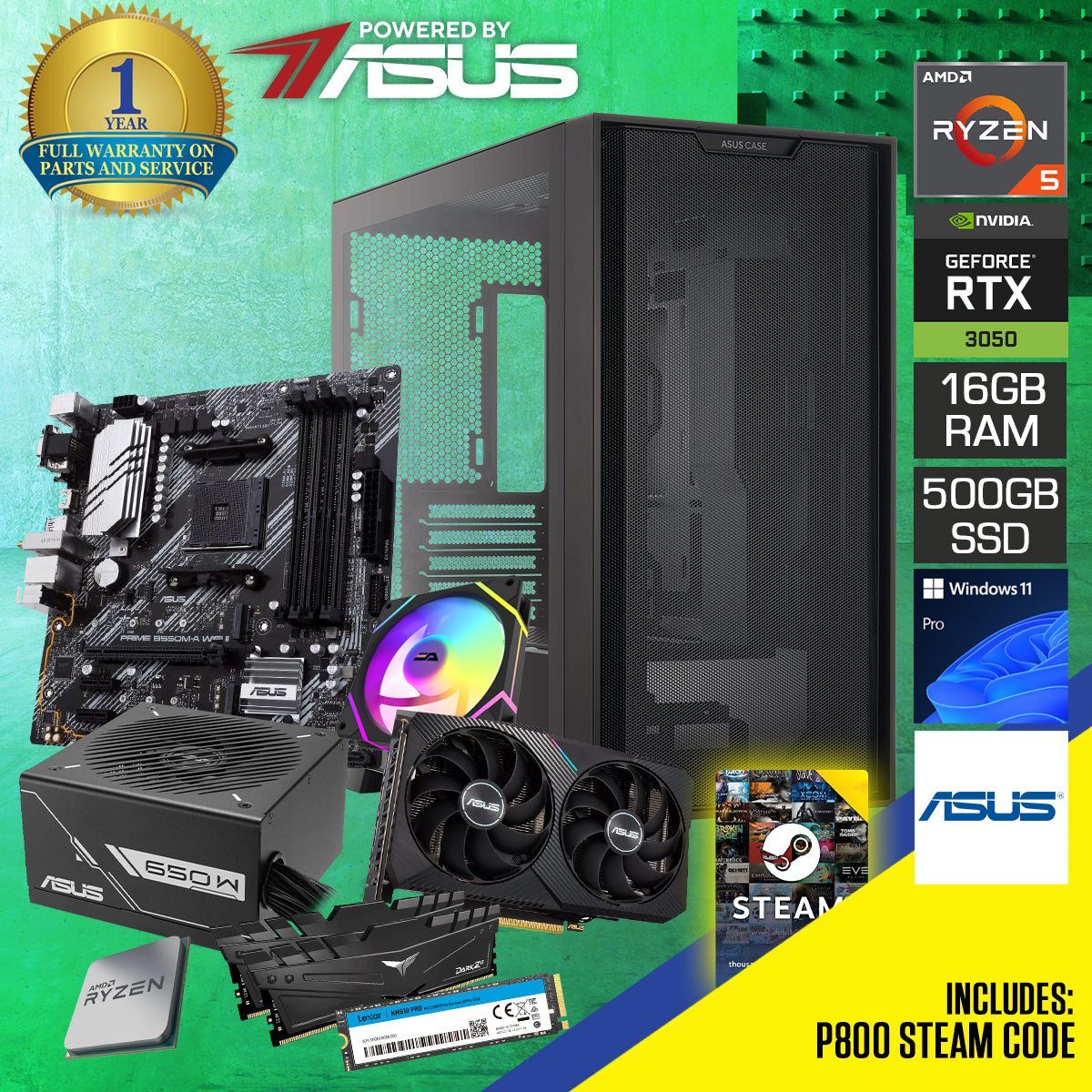 Powered by ASUS: A21 Black Desktop Gaming PC | AMD Ryzen 5 5600GT-MPK | 16GB (2X8GB) RAM | 500GB SSD | RTX 3050