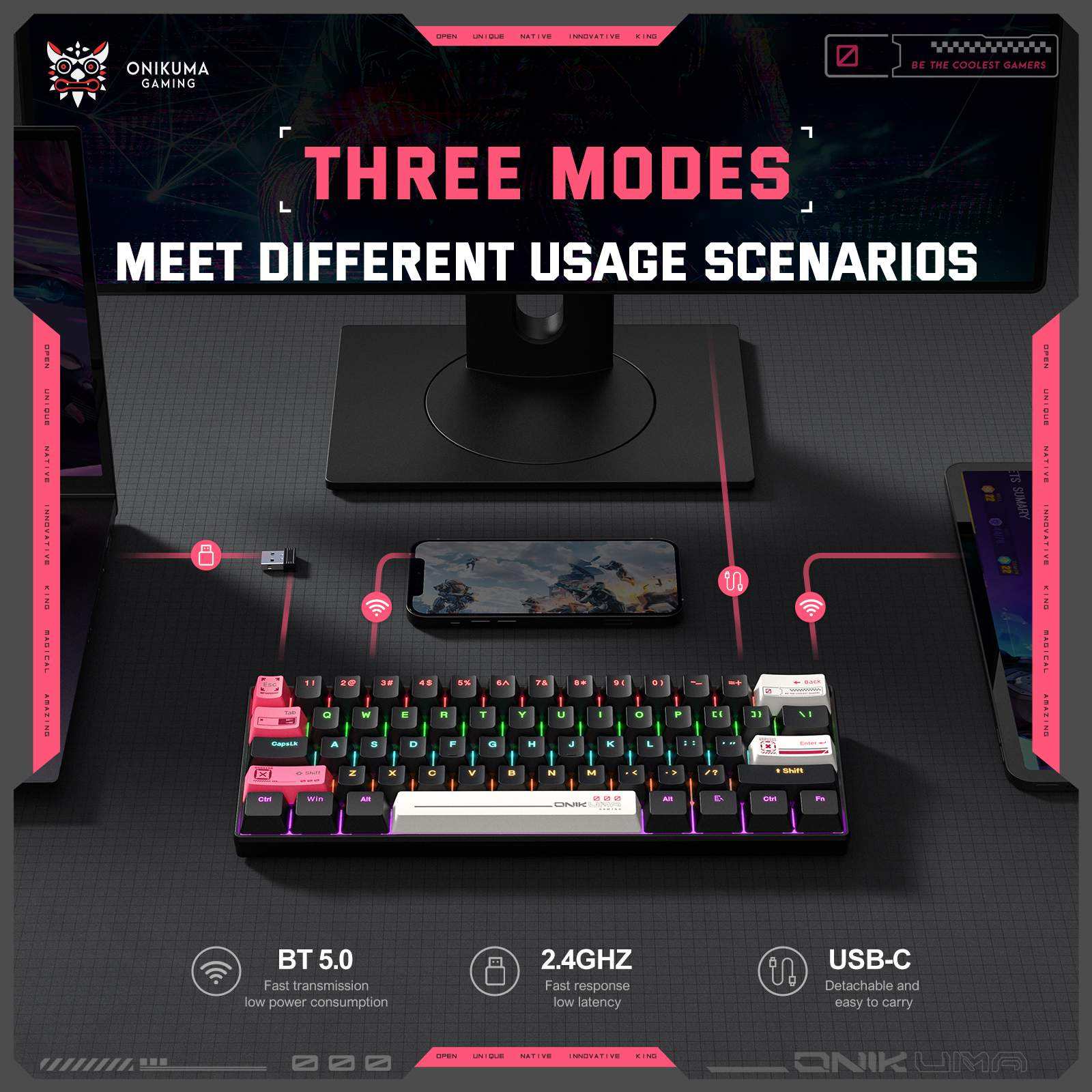 Onikuma MT605 Tri-Mode RGB 61 Keys Mechanical Keyboard (Black) 