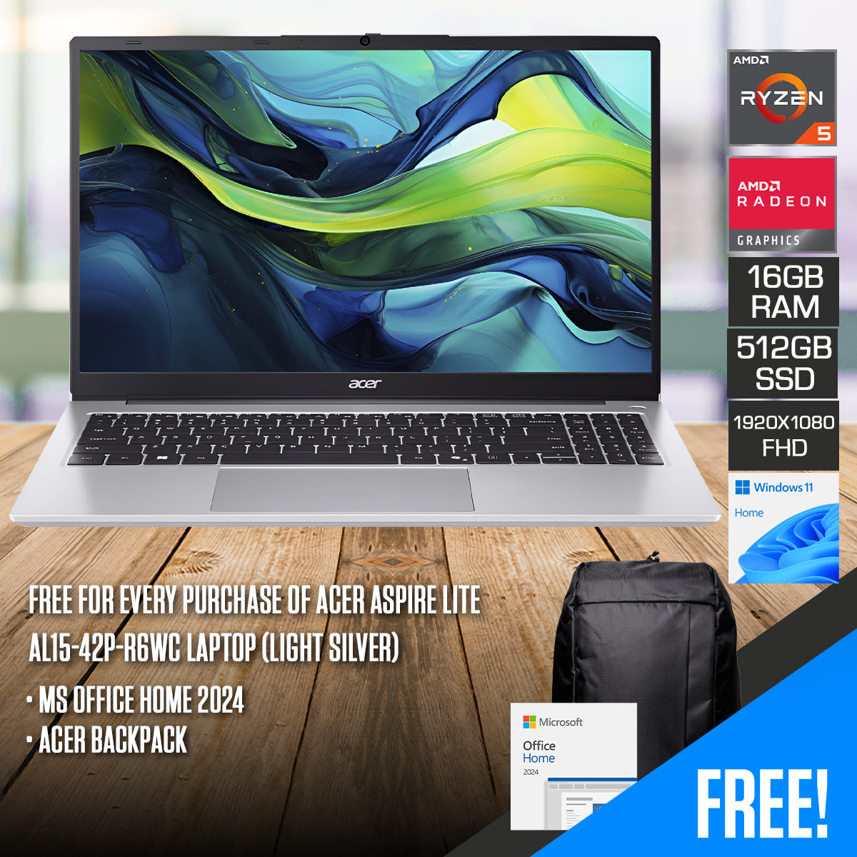 Acer Aspire Lite AL15-42P-R6D1 Laptop (Light Silver) | 15.6" FHD (1920x1080) IPS | Ryzen 7 7730U | 16GB RAM | 512GB SSD | AMD Radeon Graphics | Windows 11 Home | MS Office 2024 + Acer Backpack