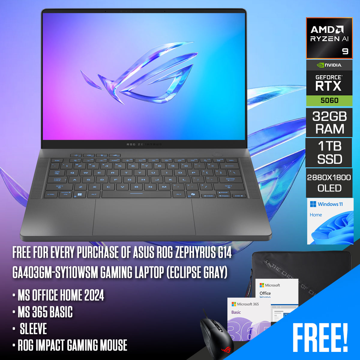 ASUS ROG Zephyrus G14 GA403GM-SY110WSM Gaming Laptop (Eclipse Gray) | 14" 3K (2880x1800) OLED 120Hz | Ryzen AI 9 465 | 32GB RAM | 1TB SSD | RTX 5060 | Windows 11 Home | MS Office Home 2024 + MS 365 Basic + Sleeve + ROG Impact Gaming Mouse