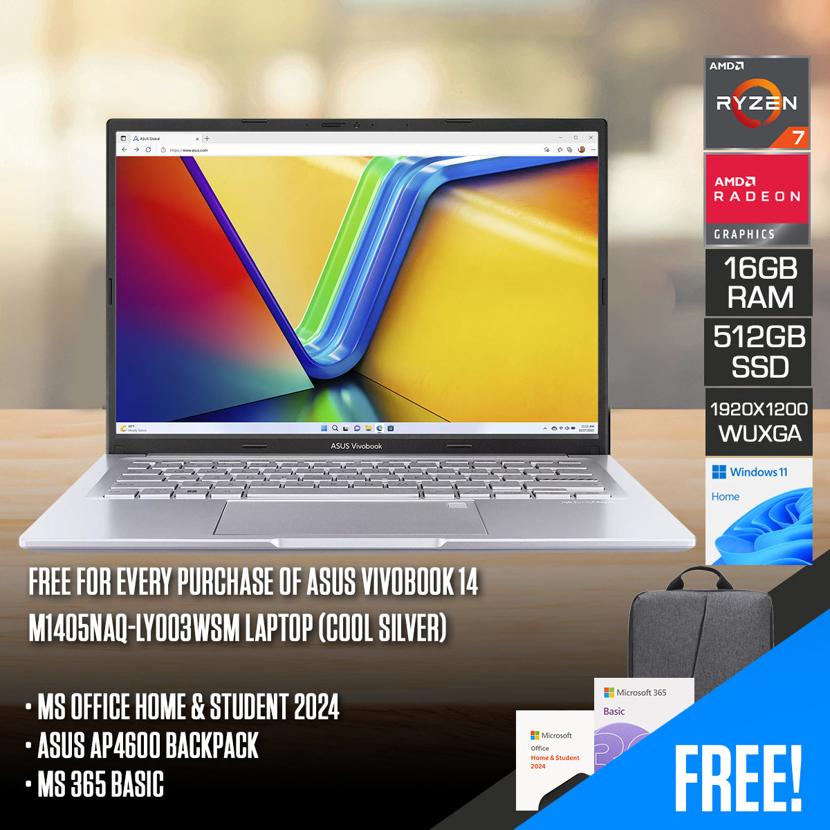 ASUS Vivobook 14 M1405NAQ-LY003WSM Laptop (Cool Silver) | 14" WUXGA (1920x1200) IPS | Ryzen 7 170 | 16GB RAM | 512GB SSD | AMD Radeon Graphics | Windows 11 Home | MS Office Home & Student 2024 + MS 365 Basic + ASUS AP4600 Backpack