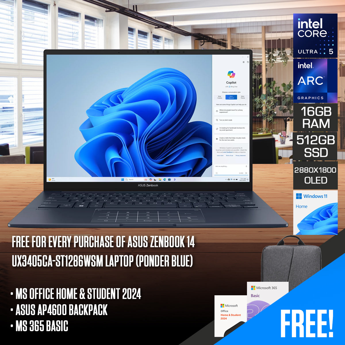 ASUS Zenbook 14 UX3405CA-ST1286WSM Laptop (Ponder Blue) | 14" 3K (2880x1800) OLED | Core Ultra 5 225H | 16GB RAM | 512GB SSD | Intel Arc Graphics | Windows 11 Home | MS Office Home 2024 + MS 365 Basic + ASUS AP4600 Backpack