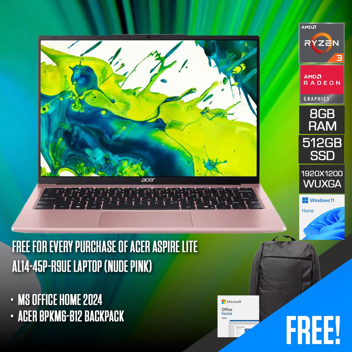 Acer Aspire Lite AL14-45P-R9UE Laptop (Nude Pink) | 14" WUXGA (1920x1200) IPS | Ryzen 3-5400U | 8GB RAM | 512GB SSD | AMD Radeon Graphics | Windows 11 Home | MS Office Home 2024 + Acer BPKM6-B12 Backpack