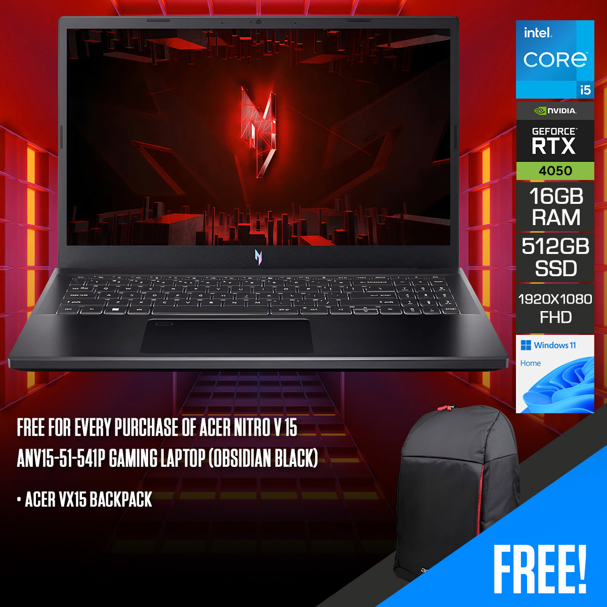 Acer Nitro V 15 ANV15-51-541P Gaming Laptop (Obsidian Black) 