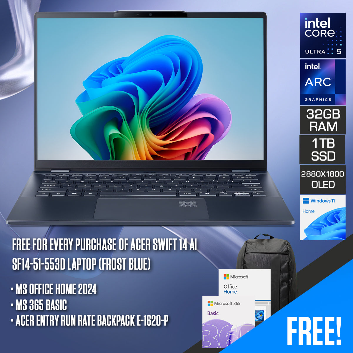 Acer Swift 14 AI SF14-51-553D Laptop (Frost Blue) | 14" WQXGA+ (2880x1800) OLED | Ultra 5 228V | 32GB RAM | 1TB SSD | Intel Arc Graphics | Windows 11 Home | MS Office Home 2024 + MS 365 Basic + Acer Entry Run Rate Backpack E-1620-P