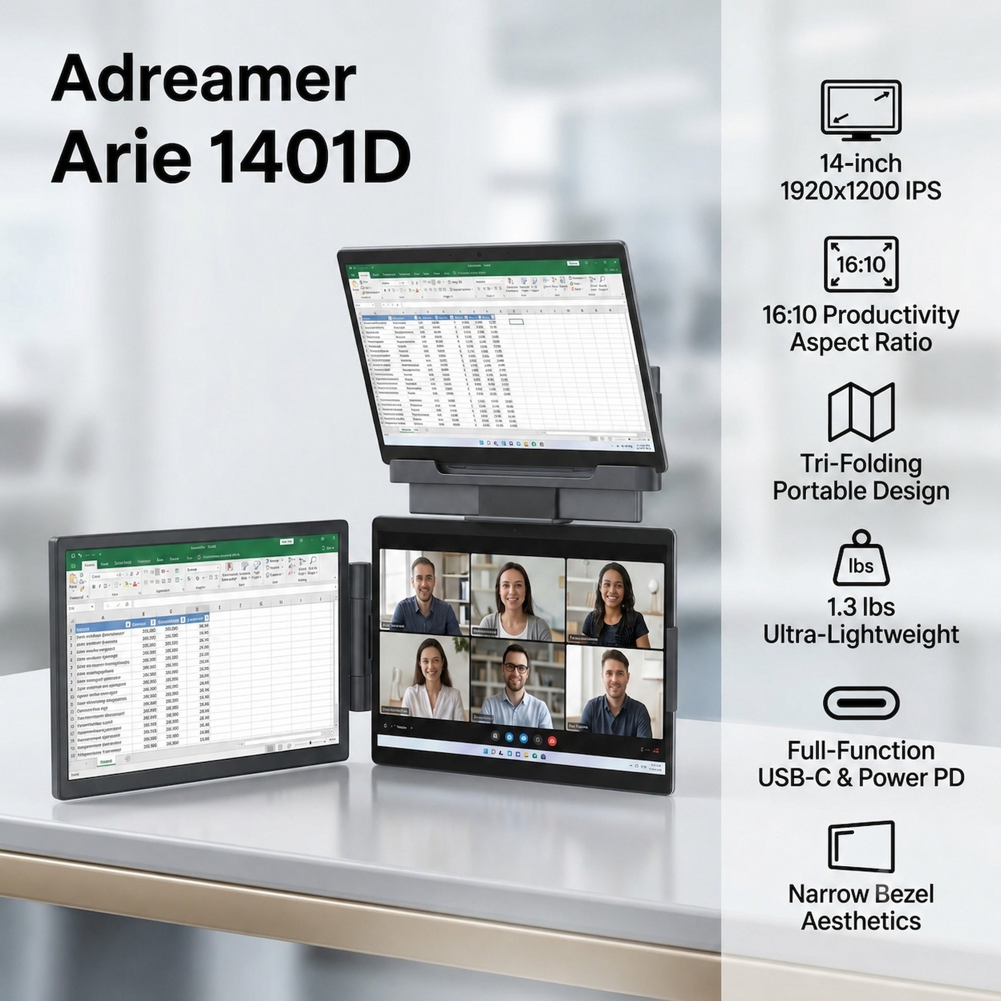 DreaMonitor Arie 1401D 14" WUXGA (1920x1200) 60Hz 30ms IPS Dual Portable Monitor