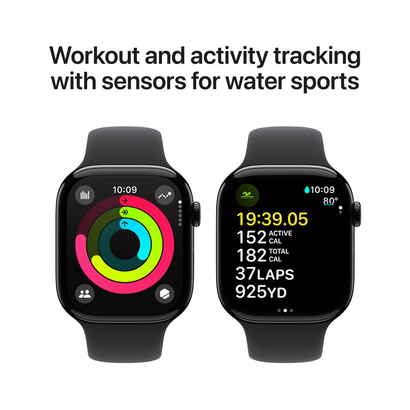 Apple Watch Series 10 GPS 46mm Aluminum Case with Black Sport Band - (Jet Black) (S/M, M/L) (MWWP3ZP/A, MWWQ3ZP/A)