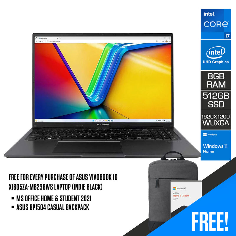 Asus Vivobook 16 X1605ZA-MB236WS Laptop (Indie Black) | 16” WUXGA (1920 x 1200) | i7-12700H | 8GB RAM | 512 GB SSD | Intel UHD Graphics | Windows 11 Home | MS Office Home & Student 2021 | ASUS BP1504 Casual Backpack