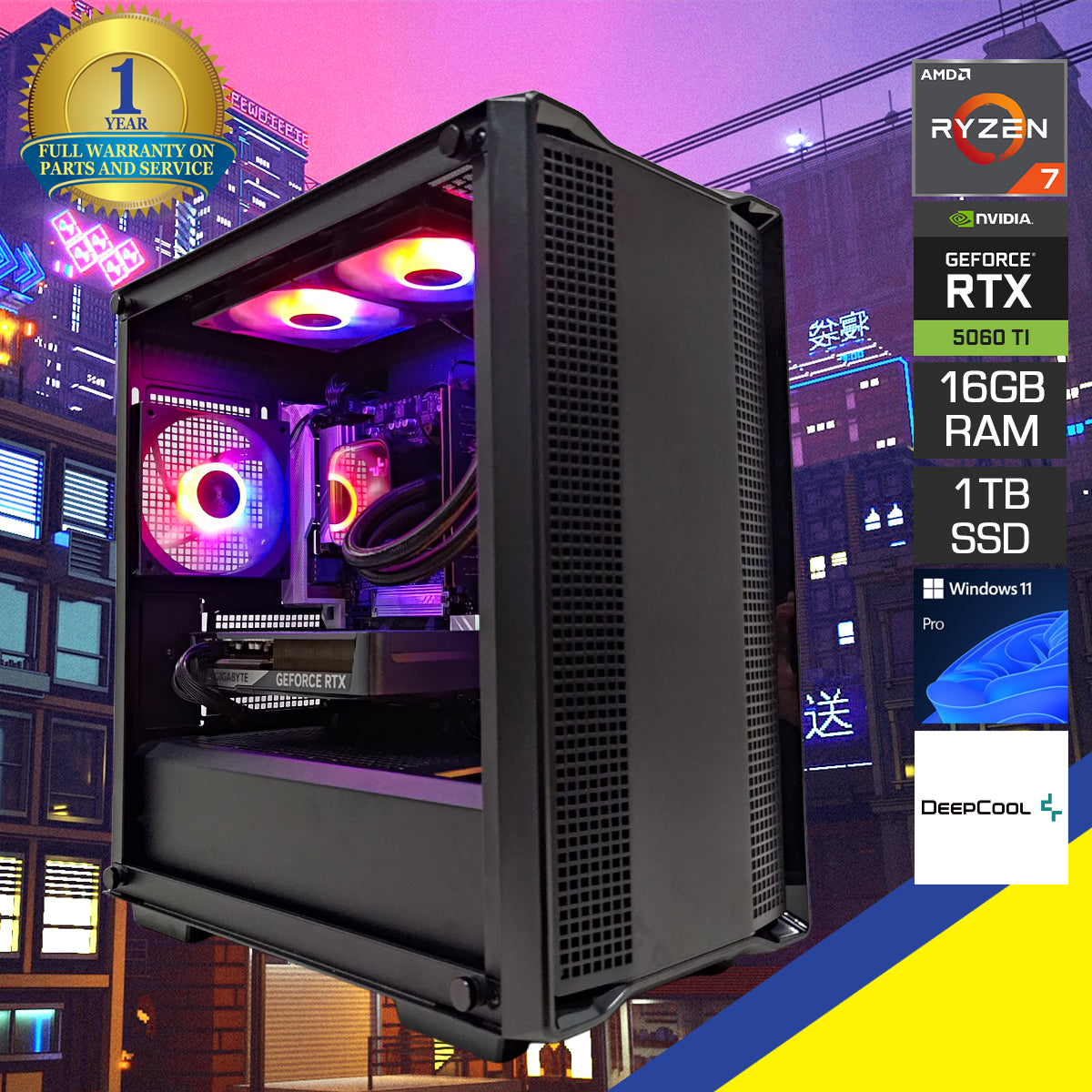 Aurora CC360 Black Desktop Gaming PC | AMD Ryzen 7 8700F | 16GB (2x8GB) RAM | 1TB SSD | RTX 5060 Ti | Windows 11 Pro