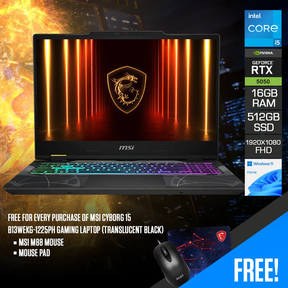MSI Cyborg 15 B13WEKG-1225PH Gaming Laptop (Translucent Black)