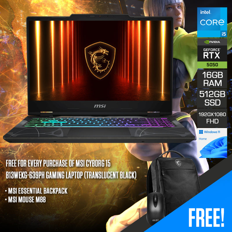 MSI Cyborg 15 B13WEKG-639PH Gaming Laptop (Translucent Black) | 15.6" FHD (1920x1080) 144Hz IPS | Core i5-13420H | 16GB (8GBx2) RAM | 512GB SSD | RTX 5050 | Windows 11 Home | MSI Essential Backpack + MSI Mouse M88