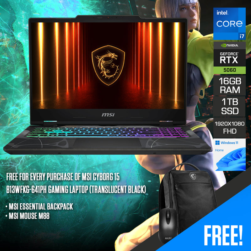 MSI Cyborg 15 B13WFKG-641PH Gaming Laptop (Translucent Black) | 15.6" FHD (1920x1080) 144Hz IPS | Core i7-13620H | 16GB (8GBx2) RAM | 1TB SSD | RTX 5060 | Windows 11 Home | MSI Essential Backpack + MSI Mouse M88