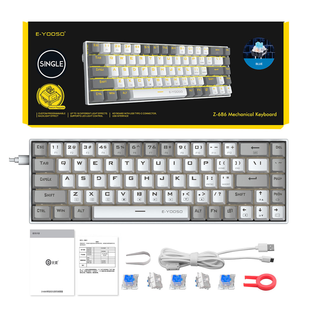 E-Yooso Z-686 Yellow Single Light 68 Keys Hot-Swappable Wired Mechanical Keyboard White/Grey