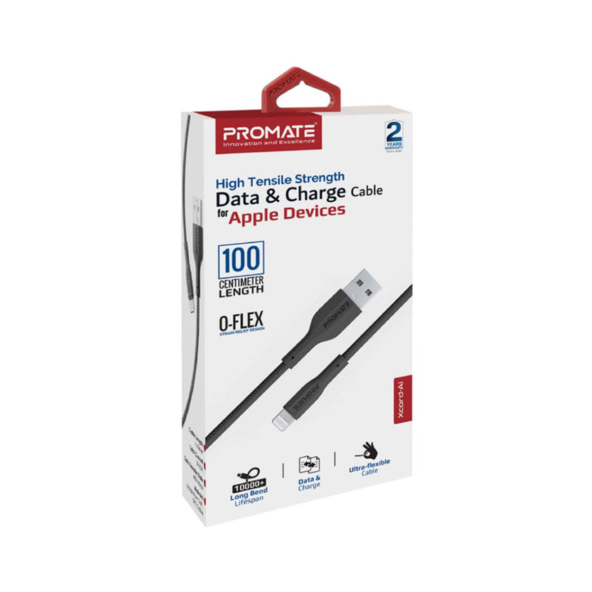 Promate XCORD-AI High Tensile Strength Data And Charge Cable For Apple Devices (Black)