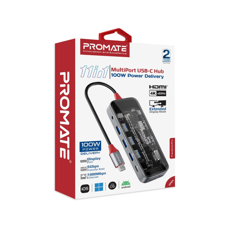 Promate Transhub-Pro 11-In-1 Transparent Multiport USB-C Hub With 100W Power Delivery | DataBlitz