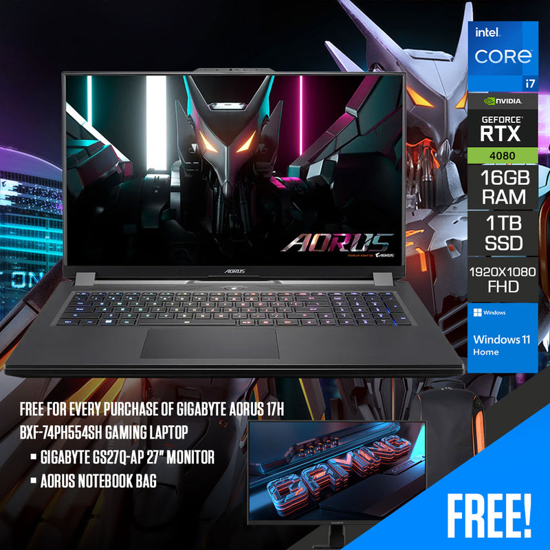 Gigabyte Aorus 17H BXF-74PH554SH Gaming Laptop | 17.3" FHD 360Hz | i7-13700H | 16GB RAM | 1TB SSD | RTX 4080 | Windows 11 Home | Aorus Notebook Bag | Gigabyte GS27Q-AP 27" Monitor