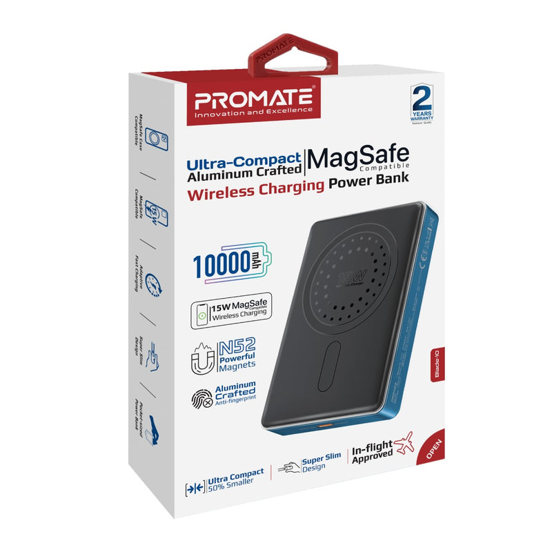 Promate Blade-10 Ultra-Compact Aluminum Crafted MagSafe Compatible Wireless Charging PowerBank