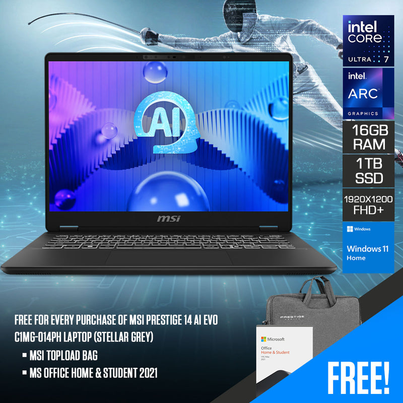 MSI Prestige 14 AI Evo C1MG-014PH Laptop (Stellar Grey) | 14" FHD+ (1920x1200) 144Hz | Core Ultra 7 155H | 16GB RAM | 1TB SSD | Intel Arc | Windows 11 | MS Office Home & Student 2021 | MSI Topload Bag