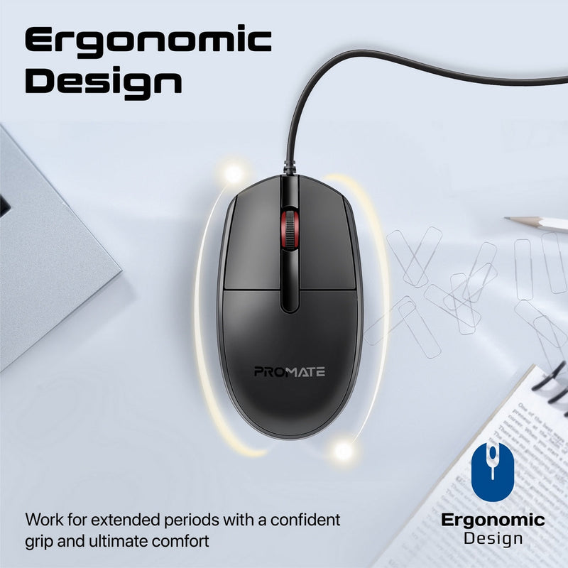 Promate CM-1200 Ergonomic Design Wired Optical Mouse (Black) | DataBlitz
