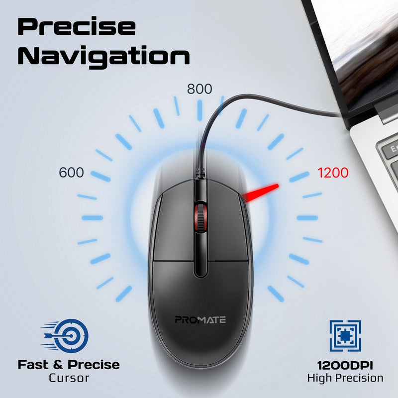 Promate CM-1200 Ergonomic Design Wired Optical Mouse (Black) | DataBlitz