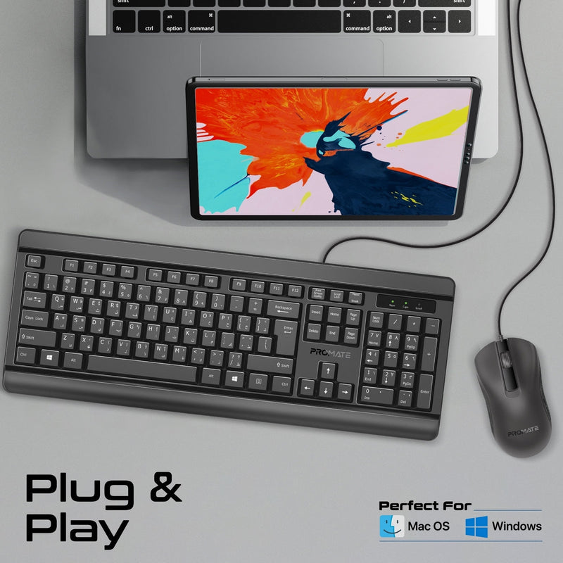 Promate Combo-CM6 Quiet Keys Wired Keyboard And 1200 DPI Mouse (Black)