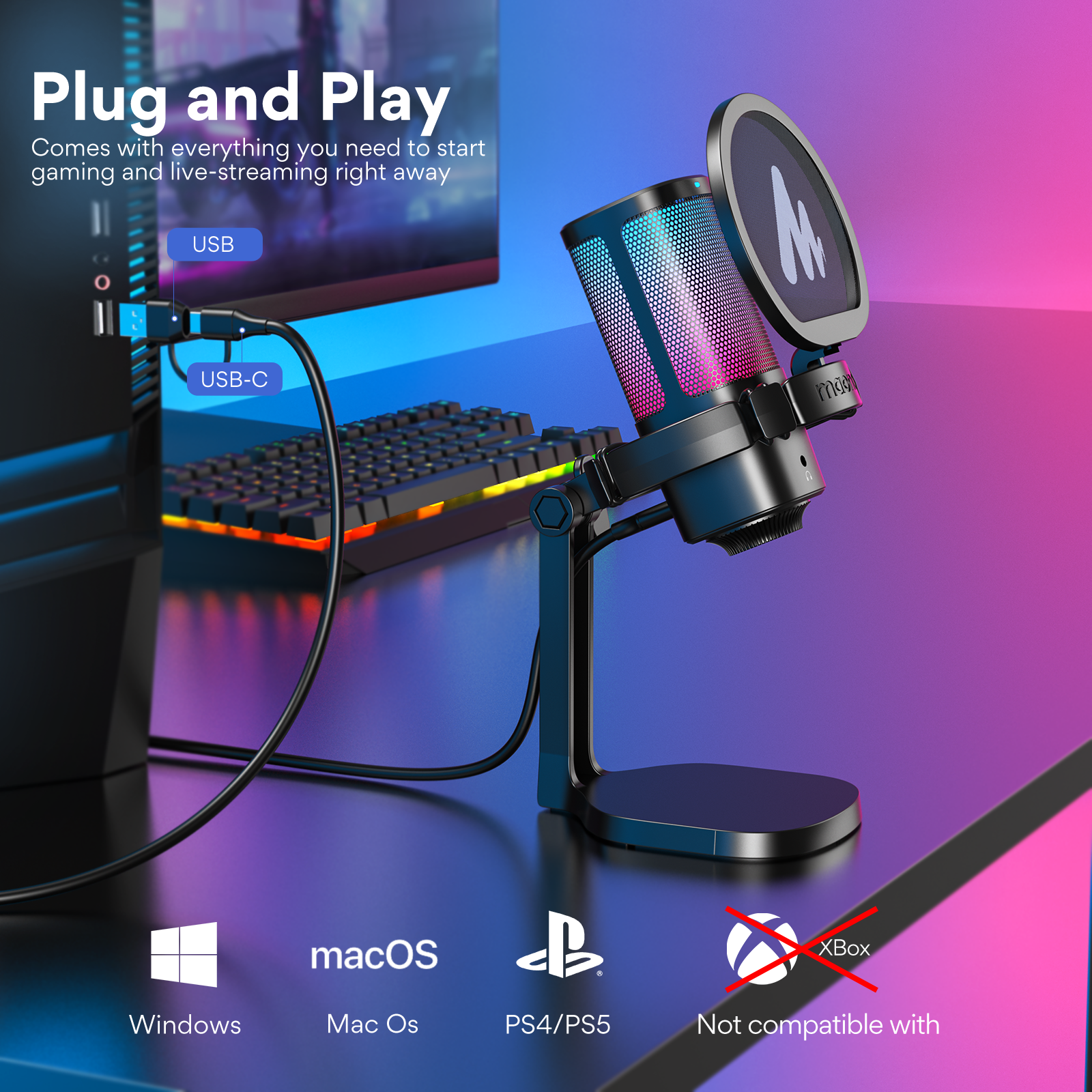 Maono DGM20G USB RGB Gaming Condenser Noise Canceling Microphone