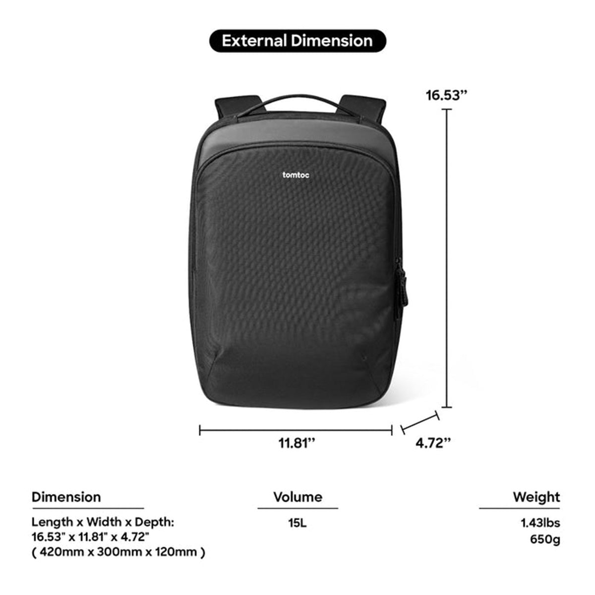Tomtoc Explorer-T60 15.6" 15L Laptop Backpack (Black) (T60M1D1)