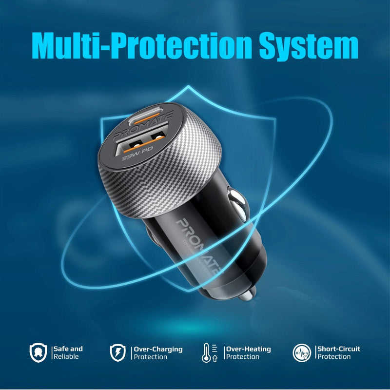 Promate DriveGear-PD33 Ultra-Fast Dual Port Car Charger with 33W Power Delivery & QC 3.0