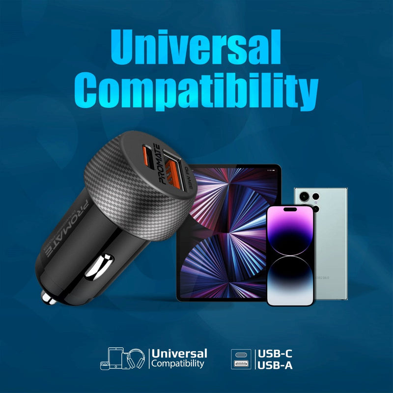 Promate DriveGear-PD33 Ultra-Fast Dual Port Car Charger with 33W Power Delivery & QC 3.0