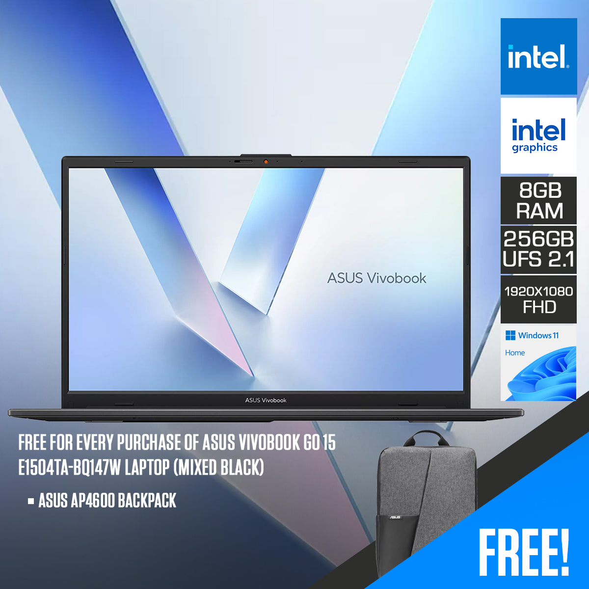 ASUS Vivobook Go 15 E1504TA-BQ147W Laptop (Mixed Black)
