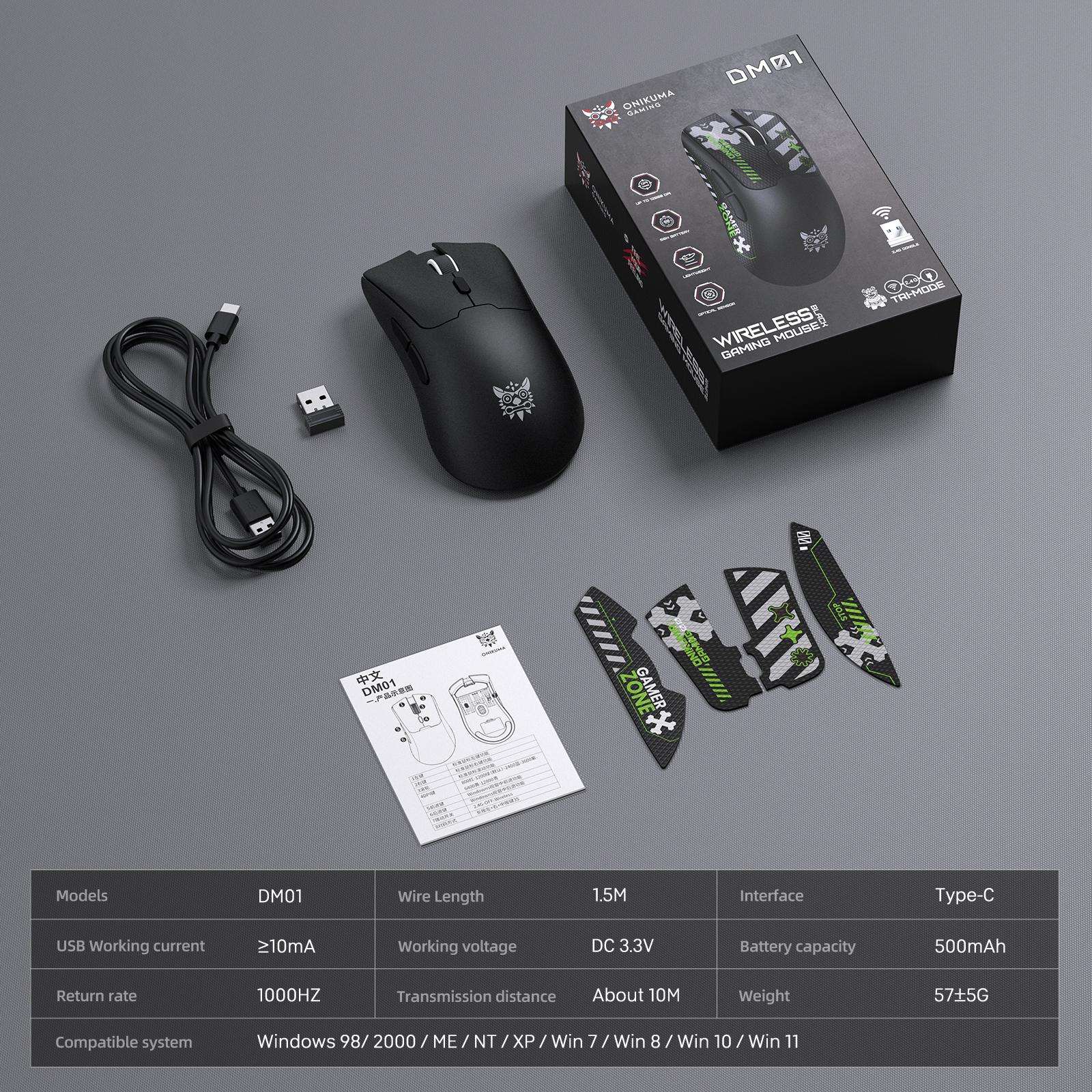 Onikuma DM01 Tri-Mode RGB Wireless Gaming Mouse (Black, White)