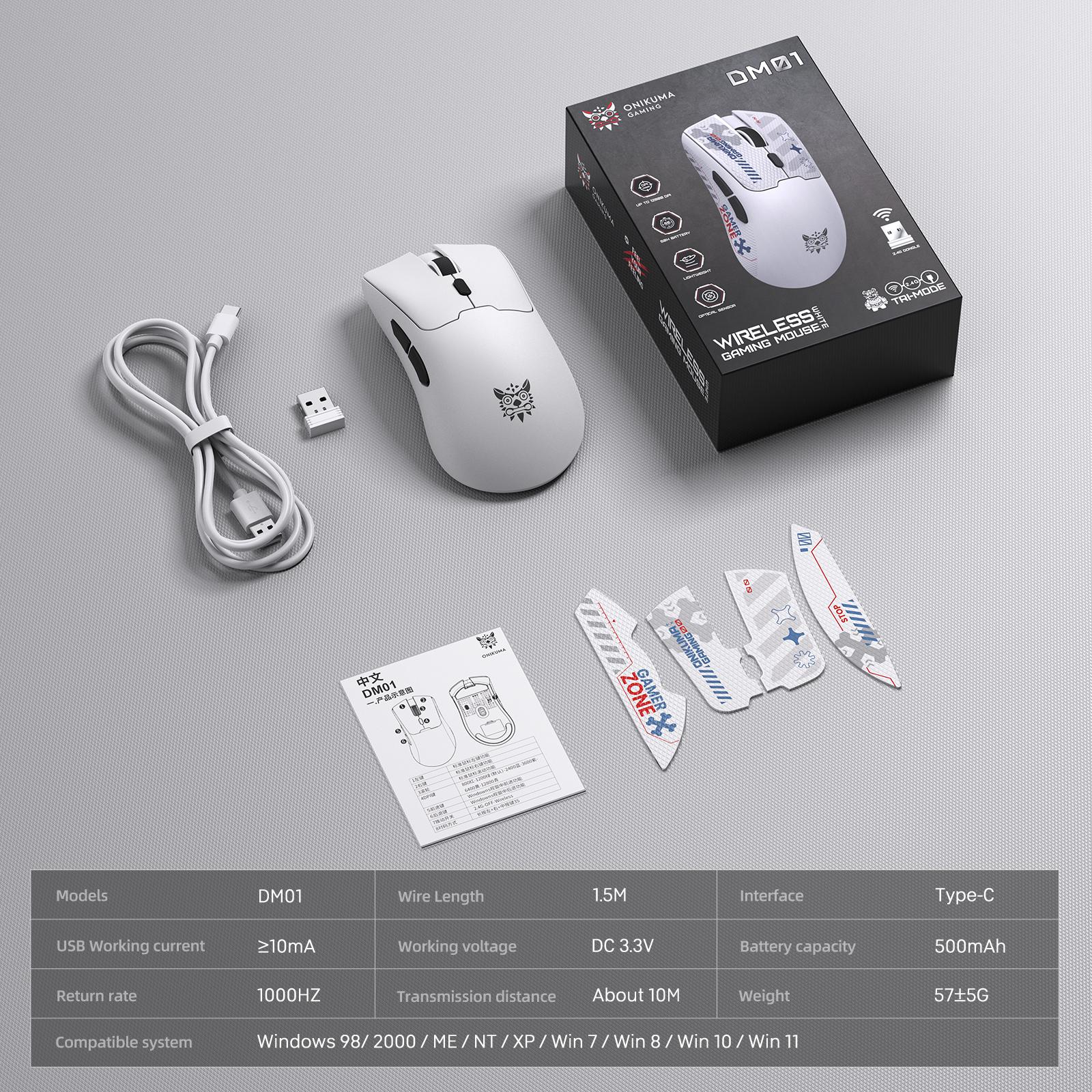 Onikuma DM01 Tri-Mode RGB Wireless Gaming Mouse (Black, White)