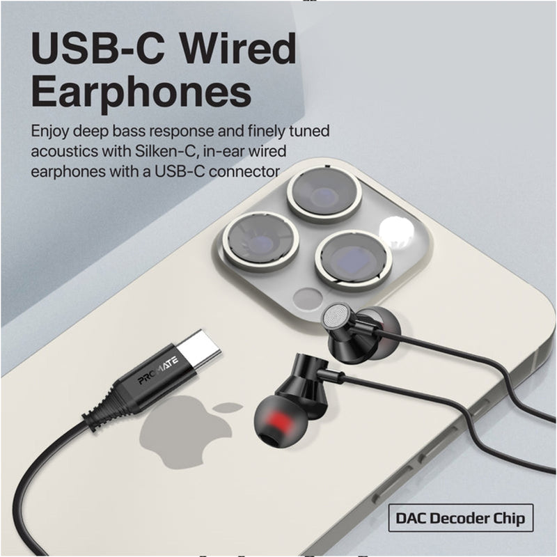 Promate Silken-C Ergonomic In-Ear USB-C Wired Stereo Headphones (Grey)

