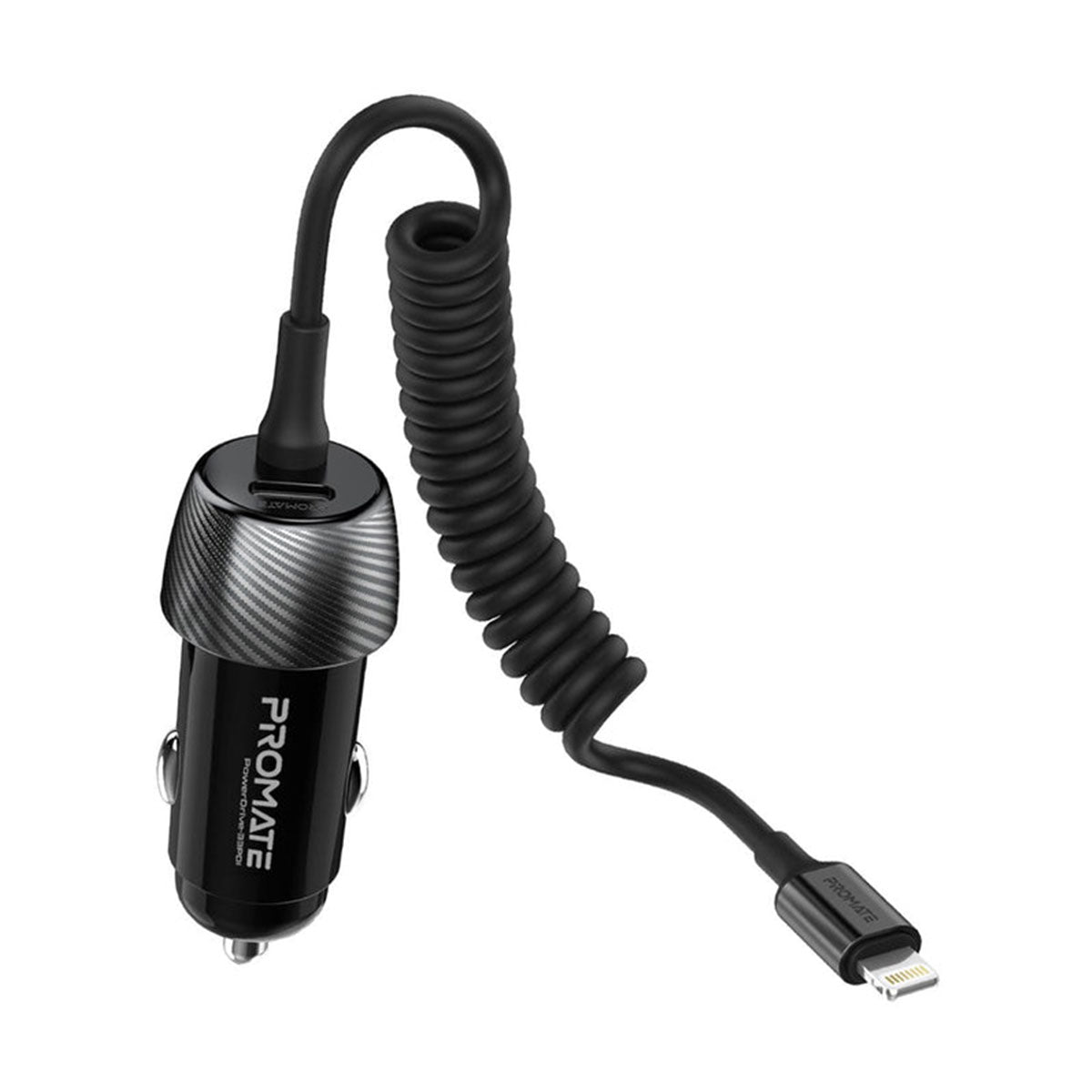 Promate 33W Car Charger With Lightning Cable And USB-A Port PowerDrive-33PDI
